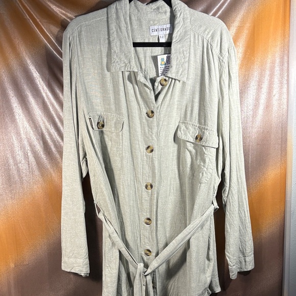 Light Gray/green Button-Up Shirt linen & viscose naturally spf/upf Belt HH - Picture 1 of 9